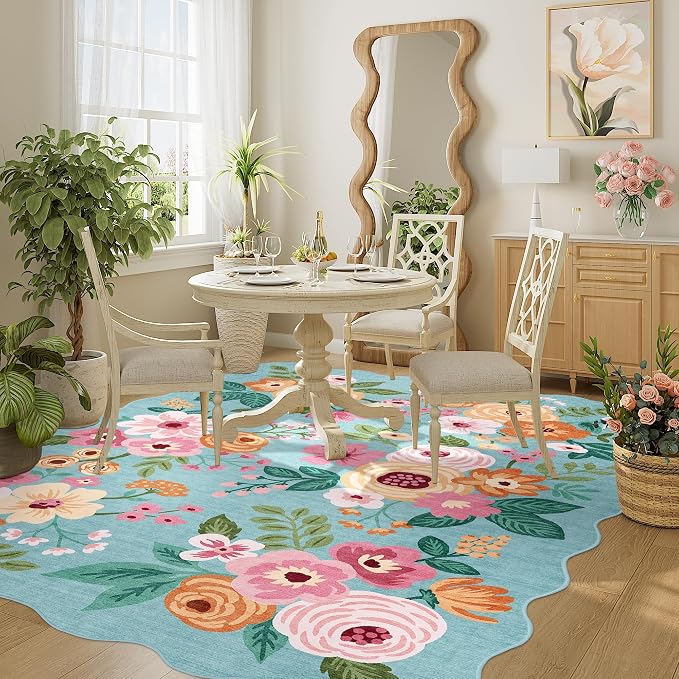 DUKINO 4x6 Area Rug, Non Slip Floral Washable Rug for Living Room, Teal | Low Pile, Stain Resistant, Soft Throw Rugs for Bedroom, Office, Dining Room, Nursery, Pet Friendly, Home Decor, Lightweight