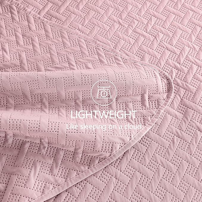 FLYMME Pink Twin Quilt Bedding Set Thin Lightweight Bedspreads,Modern Style Geometric Weave Stripe Pattern,Soft Microfiber Bed Coverlet for All Season (1 Quilt, 1Sham)