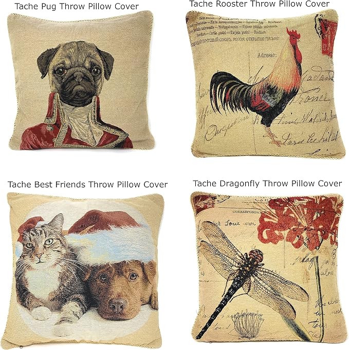 Pug Renaissance Dog Throw Pillow Cover - Tache Napoleon Bownparte - 2 Pieces 18 X 18 Inch Square French Vintage Tapestry Woven Set