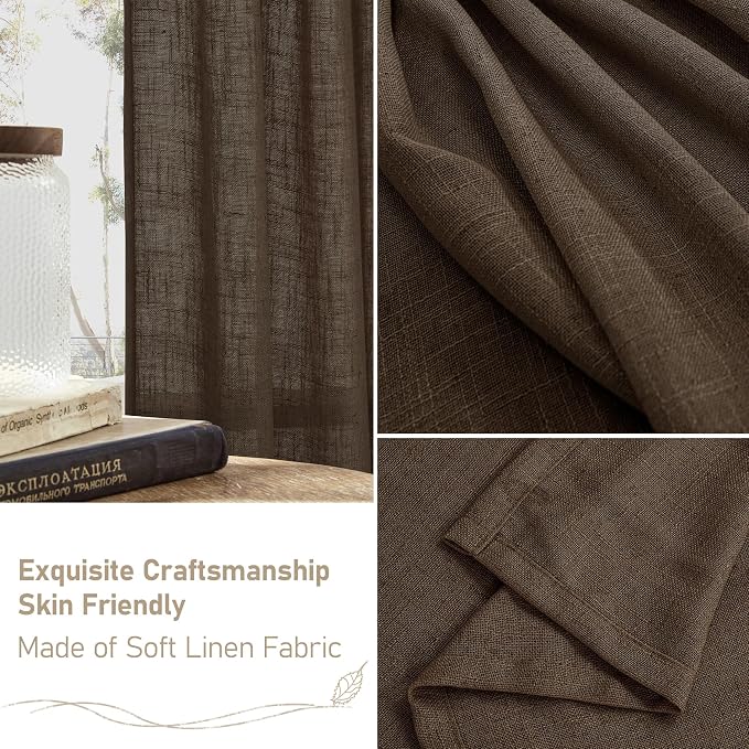Semi Sheer Linen Curtains 45 Inches Long for Bedroom 2 Panels | Dark Brown, Light Filtering Panels, Linen Textured, Curtains for Kitchen, Chocolate Decor, Bronze Grommet, 52 x 45 Inch