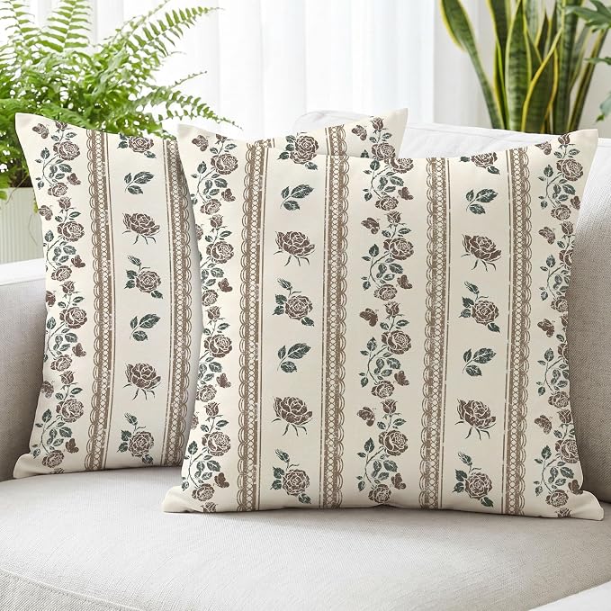 Hexagram Vintage Throw Pillow Covers 18x18, Floral Brown Pillow Covers | Brown, Set of 2, Boho Farmhouse Neutral Decorative for Couch Pillows, Home Decor, Bedroom, Living Room, No Insert