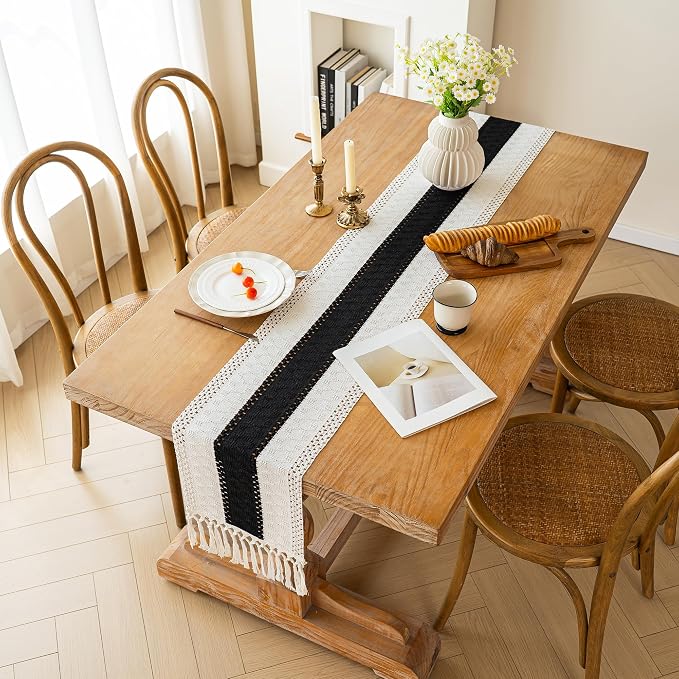 FEXIA Farmhouse Table Runner for Home Decor 12x60 Black Fall Home Decor | 60Inches Long Rustic Burlap Table Runner Macrame Table Decoration Centerpiece for Kitchen Bedroom Dining Living Room Kitchen