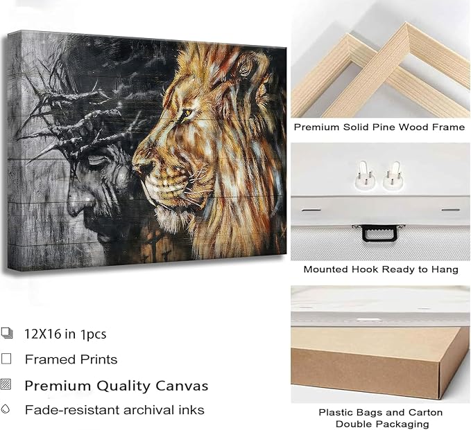 Jesus and Lion Canvas Wall Art for Living Room Bedroom Office Home Decor | Judah and Lion Cathedral Black and White Religious Christianity Picture Wall Decor Poster Print