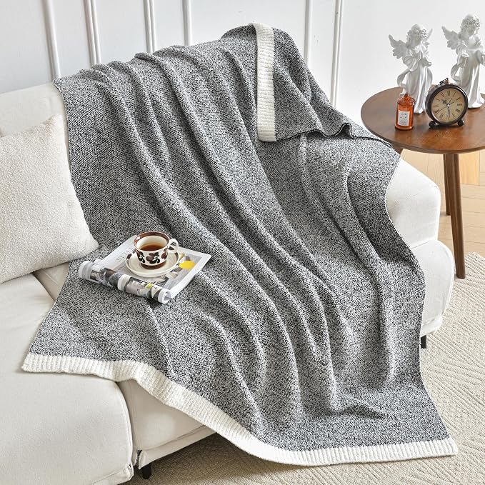 Chunky Knit Boucle Throw Blanket, Soft Washable Coastal Blanket for Bed Couch, Lightweight Cozy Oversized Feather Knit Blanket Indoor Outdoor for Sofa (Black, Twin 60"x80")