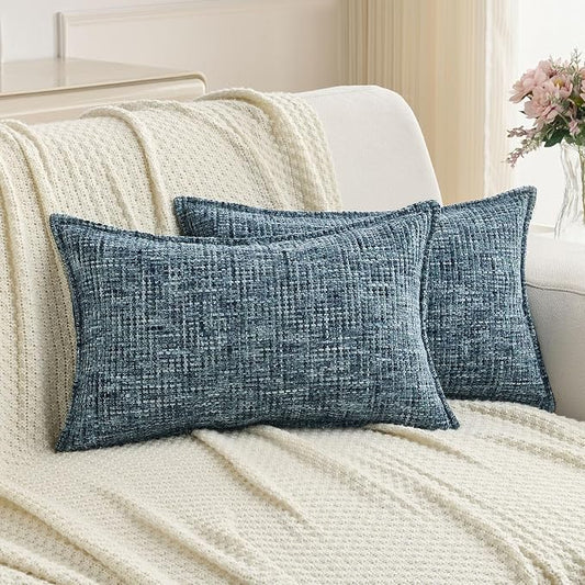 FUTEI Pack of 2 Chenille Tweed Vintage Throw Pillow Covers 12x20 Inch Soft Decorative Lumbar Pillowcase Modern Farmhouse Accent for Couch Bed Living Room, Navy