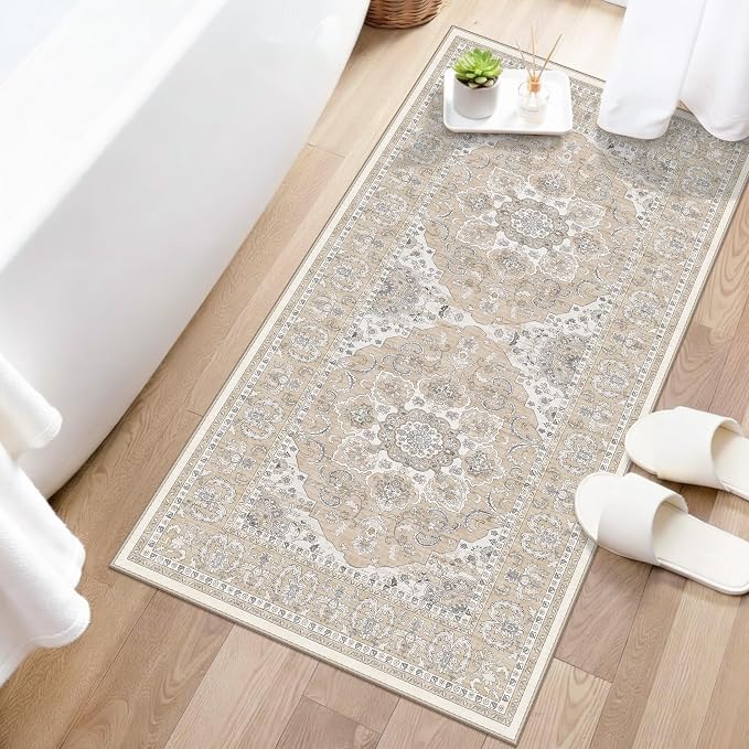 RUUGME Entryway 2x4 Runner Rug: Washable Vintage Kitchen Rugs Non-Slip Low Pile Lightweight Carpet for Hallway Bedroom Soft Thin Stain Resistant Floor Mat for Bathroom Laundry Room (Beige/Cream,2x4)