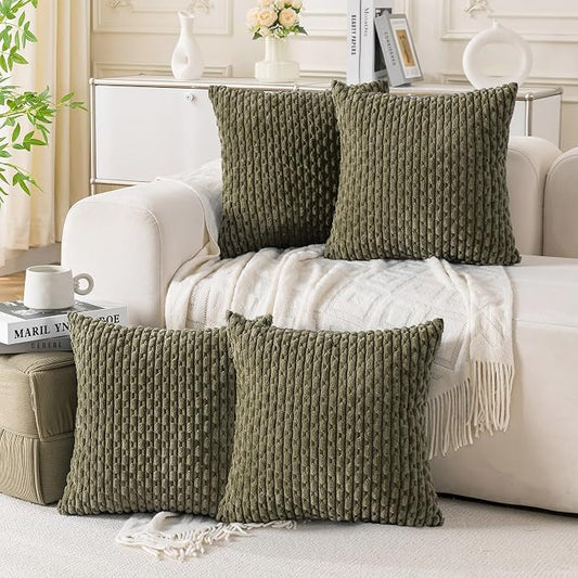 Set of 4 Olive Green Decorative Throw Pillow Covers 16x16 Inch Corduroy Pillow Covers for Bed Couch Sofa Living Room Soft Square Cushion Cases