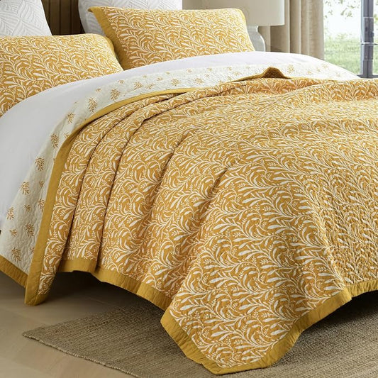 SahSahCasa Quilt Set Queen Size, 100% Cotton Quilt Bedding Set Bedspread, Botanical Pattern Solid Color Chic Lightweight Quilted Comforter for Queen Bed, Mustard Yellow, All Season, 3 Pieces