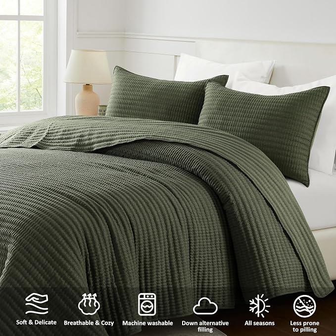 WDCOZY Olive Green California King Size Quilt Set, 3 Pieces 118x106 inches | Oversized Cal King Bedspread, Channel Lightweight Farmhouse Coverlet, Thin Bedding Comforter for All Season, 2 Pillow Shams