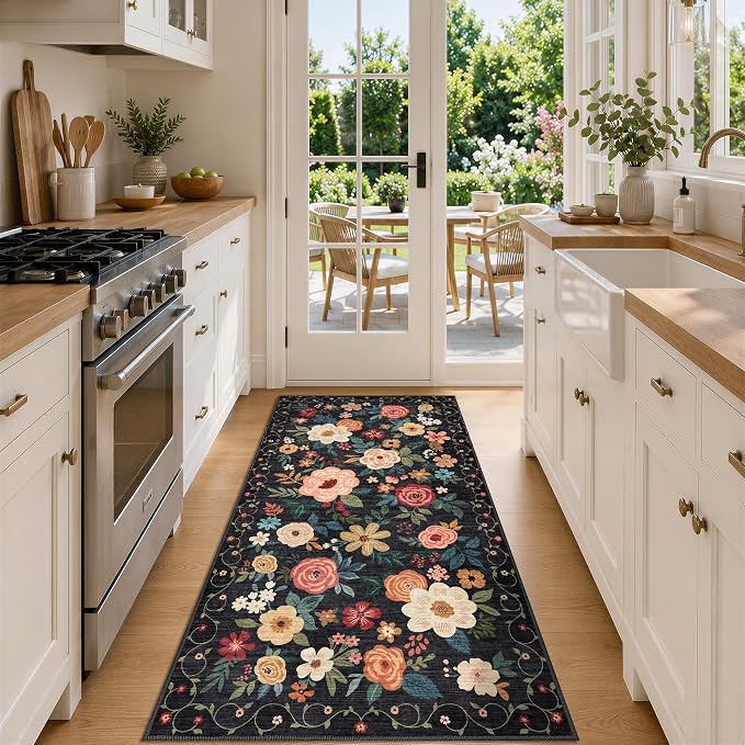DUKINO 3x6 Runner Rug, Non Slip Floral Washable Rug for Kitchen, Black | Low Pile, Non Shedding, Soft Thin Indoor Rug for Hallway, Bedroom, Bathroom, Entryway, Laundry, Pet Friendly, Home Decor