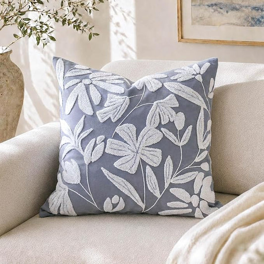 BlissBlush Decorative Throw Pillow Cover 20x20, Coastal Dusty Blue Velvet Accent Cushion Cover for Couch Sofa Living Room, Floral Tufted Square Pillowcase (Cover Only)