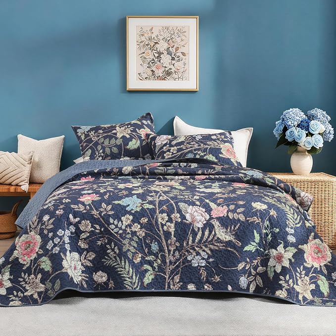 Litanika Floral Ocean Blue Quilt - 3Pcs Botanical Birds Bedding Set | California King Bedspread Summer Lightweight Soft Coverlet with Pink Flower for All Seasons (112"x104")