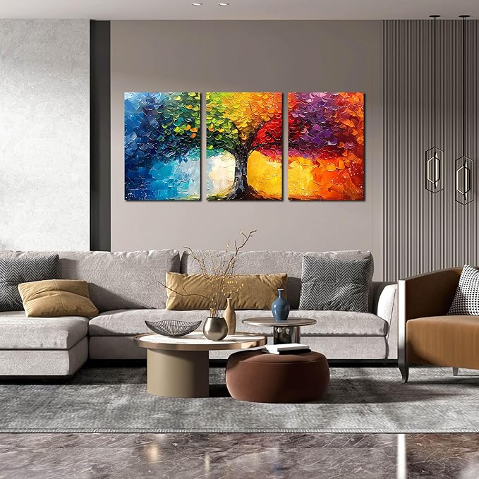 HUBOSKN Tree Art Pictures for Wall in Living Room - Colorful Canvas Wall Art for Bedroom - 3 Piece Wall Decor Size 16" x 24"