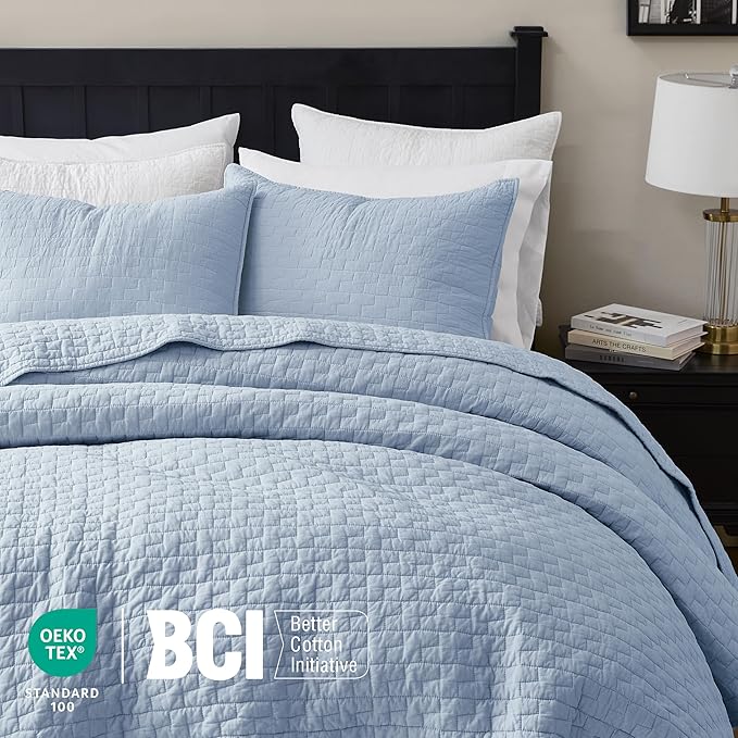 PALASSIO Baby Blue 100% Cotton Quilt Queen Size Bedding Sets with 2 Pillow Shams, Textured Lightweight Soft Bedspread Shabby Chic Coverlet, Neutral Quilted Comforter Bed Cover for All Season, 3 Pieces