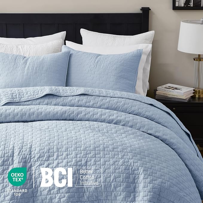 palassio Baby Blue 100% Cotton Quilt Twin Size Bedding Sets with 1 Pillow Sham, Textured Lightweight Soft Bedspread Shabby Chic Coverlet, Neutral Quilted Comforter Bed Cover for All Season, 2 Pieces