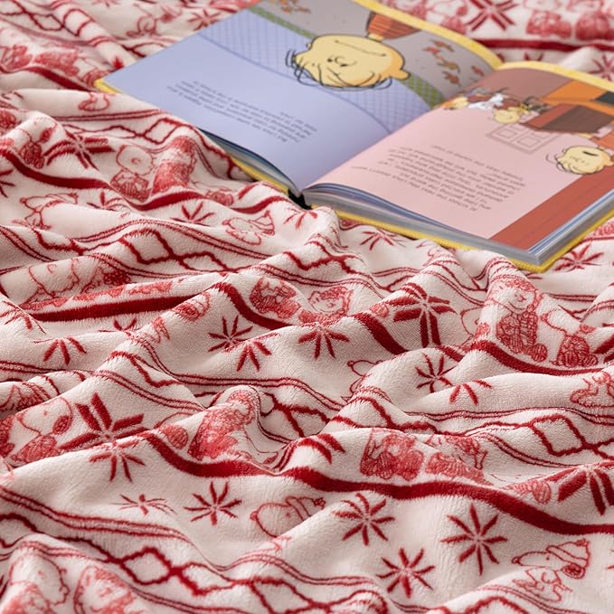 Berkshire Peanuts® VelvetLoft® Cute Character Snoopy Plush Blanket,Cozy Fairisle Crimson Neutral,Full/Queen 90 in x 90 in (Official Peanuts® Product)