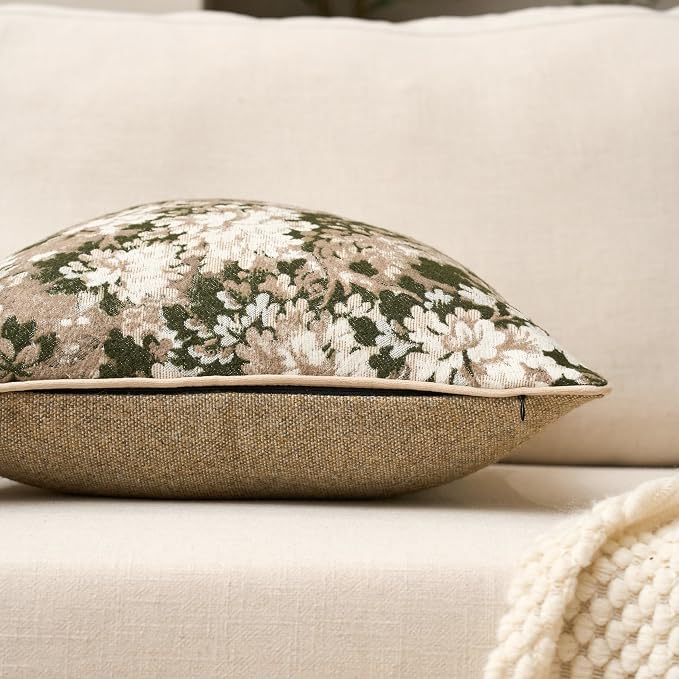 Yangest Neutral Floral Pillow Cover 24 x 24 Inches, Vintage Chenille Square Throw Pillow Cover Soft Decorative Farmhouse Accent Couch Pillow Cover for Living Room Bedroom, Green