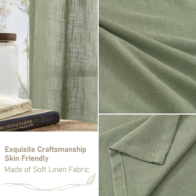 Small Window Linen Curtains 45 Inches Long for Bedroom, 34 x 45 Inch | Semi Sheer, Light Filtering Panels, Drapes for Basement, Kitchen, Rod Pocket Back Tab, Sage Green, 2 Panels