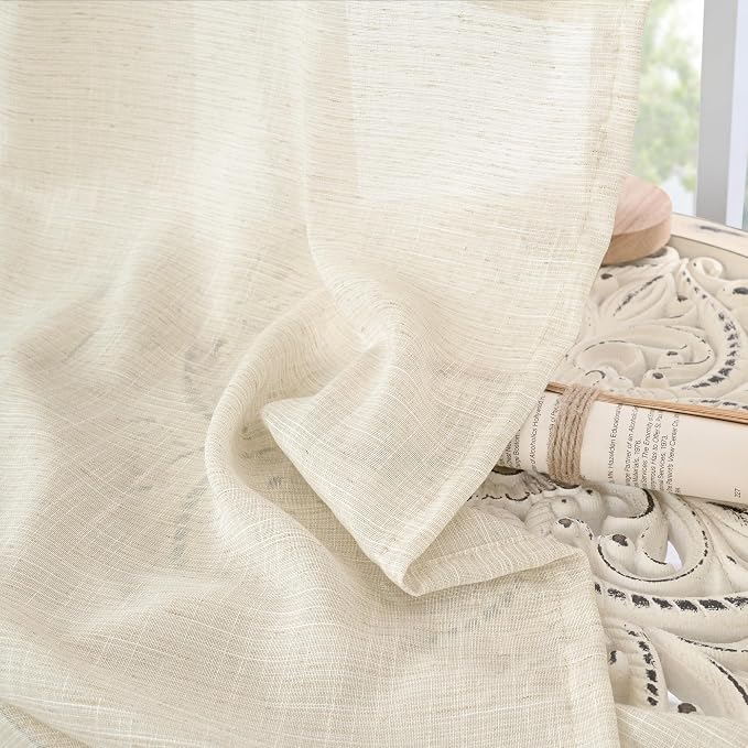 BGment Beige Linen Semi Sheer Curtains 42X40 Inch Length 2 Panels | Cream Light Filtering Drapes with Rod Pocket Textured for Bathroom Kitchen Window Over Sink