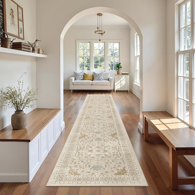 Madane Washable Runner Rugs 2x12 Long for Hallway Kitchen Soft, Beige/Blue | Non-Slip Vintage Printed 12ft Rug Runners with Rubber Backing, Thin Low-Pile Floor Carpet Laundry Room Entryway, Corridor