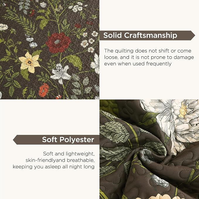 Litanika Floral Dark Brown Quilt - 3Pcs Botanical Birds Pattren Bed Set | Super King Plus Bedspread Summer Lightweight Soft Coverlet with Red Flower for All Seasons(128"x120")