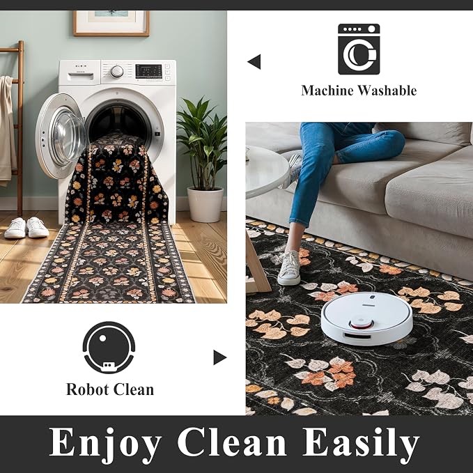 Washable Kitchen 2x10 Runner Rug: Non-Slip Long Hallway Entryway Rugs Indoor Low Pile Carpet for Bedroom Laundry Stain Resistant Vintage Soft Thin Floor Decor Mat for Bathroom (Floral/Black,2x10)