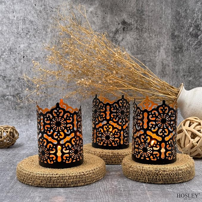 Hosley Set of 3 Black Finish Metal Candle Holders 4 Inch High Lattice Cut Lanterns for Coordinated Elegance and Enchanting Illumination Elevate Your Decor