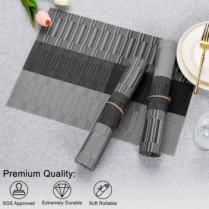 Placemats Set of 6, Vinyl Woven Heat-Resistant Place Mats | Washable Wipeable PVC Table Mats, Non Slip Placemat for Kitchen Dining Indoor Outdoor Table (Gray Black, Set of 6)