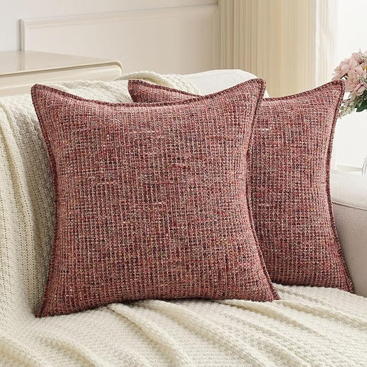 FUTEI Pack of 2 Chenille Tweed Vintage Throw Pillow Covers 16x16 Inch Soft Decorative Cushion Case Modern Farmhouse Accent for Couch Bed Living Room, Burgundy