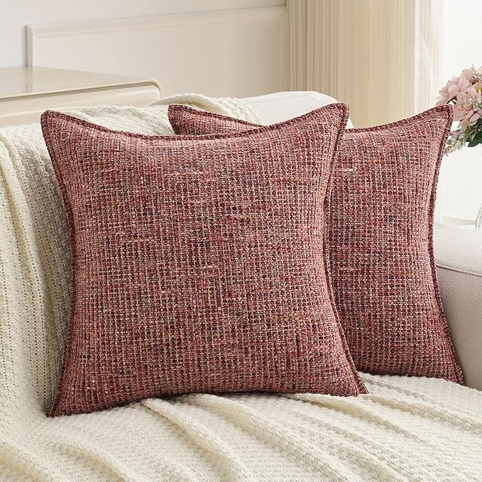 FUTEI Pack of 2 Chenille Tweed Vintage Throw Pillow Covers 20x20 Inch Soft Decorative Cushion Case Modern Farmhouse Accent for Couch Bed Living Room, Burgundy