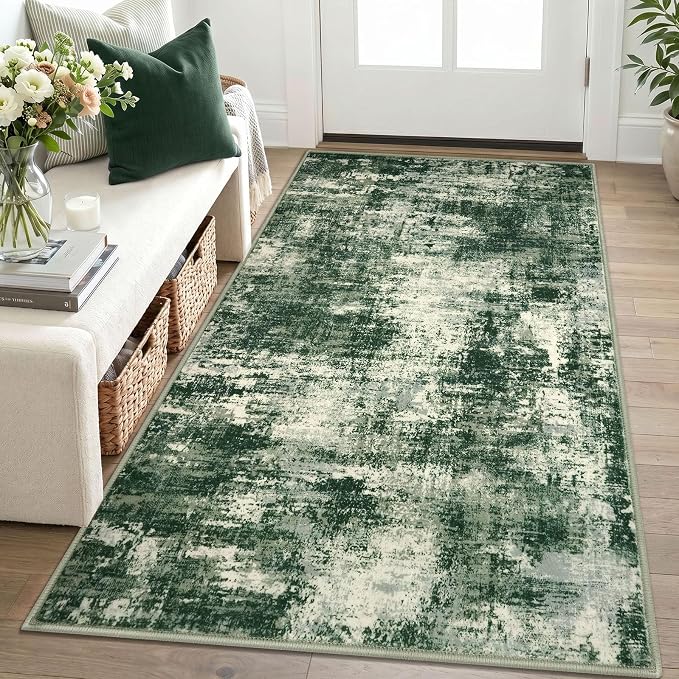 Lansny Abstract Washable Entryway Rug 3x5 Area Rug Non Slip Kitchen Rugs | Green;Thin Printed Faux Wool Door Mat;Small Rugs;Front Door Rug;Indoor Entry Rug;Rubber Backed Floor Carpet;Throw Rugs