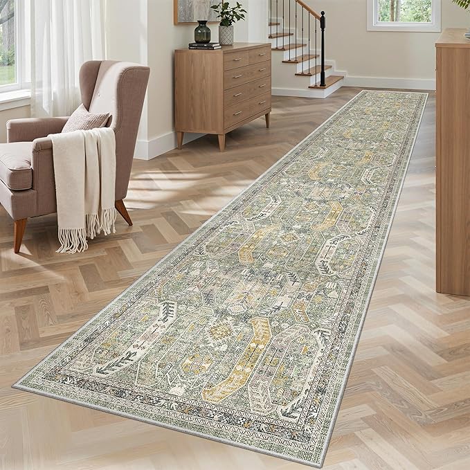 Madane Washable Runner Rugs 2x12 Long for Hallway Kitchen Soft, Green/Gold | Non-Slip Vintage Printed 12ft Rug Runners with Rubber Backing, Low-Pile Floor Carpet Laundry Room Entryway, Corridor