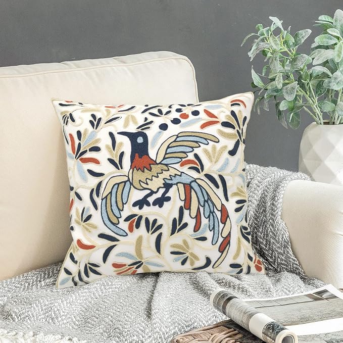 Alysheer Embroidered Decorative Throw Pillow Cover 18x18 inch, Lucky Bird Boho Embroidery Happy Knit Pattern Cotton Cushion Case for Sofa Couch Car Living Room Bedroom Garden Gifts(Ivory Navy)