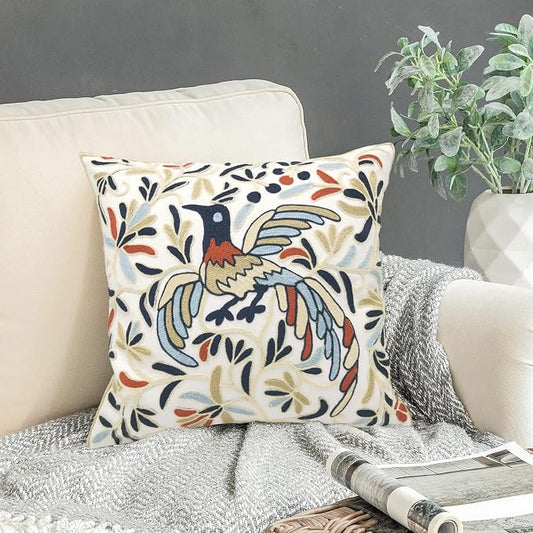 Alysheer Embroidered Decorative Throw Pillow Cover 18x18 inch, Lucky Bird Boho Embroidery Happy Knit Pattern Cotton Cushion Case for Sofa Couch Car Living Room Bedroom Garden Gifts(Ivory Navy)