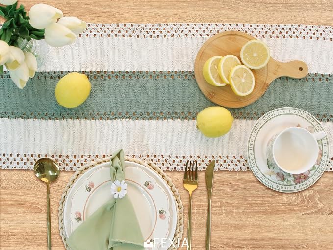 FEXIA Boho Table Runner for Home Decor 12x48 Sage Green Fall Decorations | 48 Inches Long with Tassels Rustic Macrame Farmhouse Table Cover for Wedding Party Bohemian Bridal Shower Dining Decorations