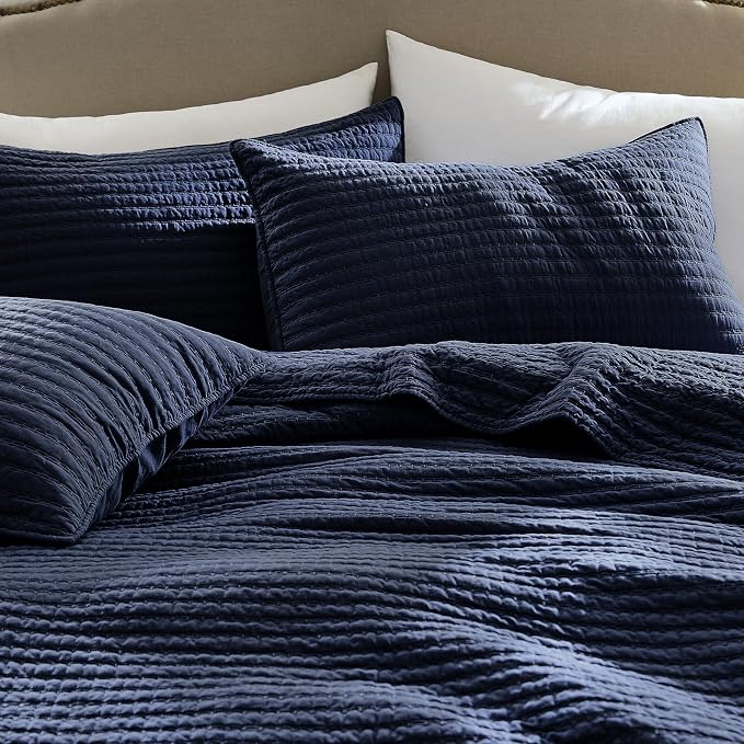 WDCOZY 100% Cotton Twin Size Quilt Set - Navy Blue Striped Pick Stitch Soft Lightweight Bedspread, Textured Like Linen, Farmhouse Country Rustic Coverlet, Shabby Chic Gauze Bedding, 2 Pieces