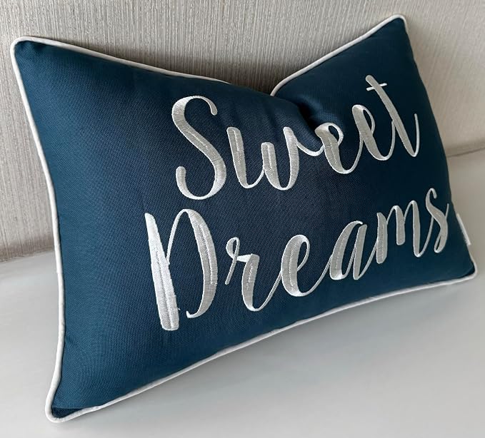 Rudransha Sweet Dreams Teal Lumbar Pillow Cover 12x18 – Embroidered Script Quote Cotton Cushion Case – Good Night Sleep Bedroom Nursery Decor for Bed Crib Guest Room