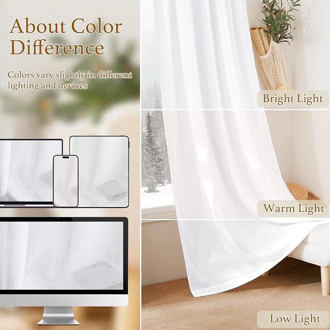 RYB HOME White Semi Sheer Curtains for Small Window 45 inches Long | Light Filtering Privacy, Boho Country Rustic, Kitchen Cafe Bathroom RV Camper, Rod Pocket,White, W34 x L45, 2 Panels