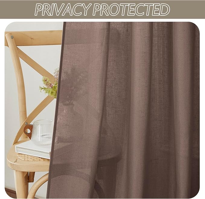 RYB HOME Linen Sheer Curtains 2 Panels for Living Room, Semi Transparent Privacy Drapes with Rod Pocket Farmhouse Style Window Treatments for Bedroom, Brown, 52" W x 95" L