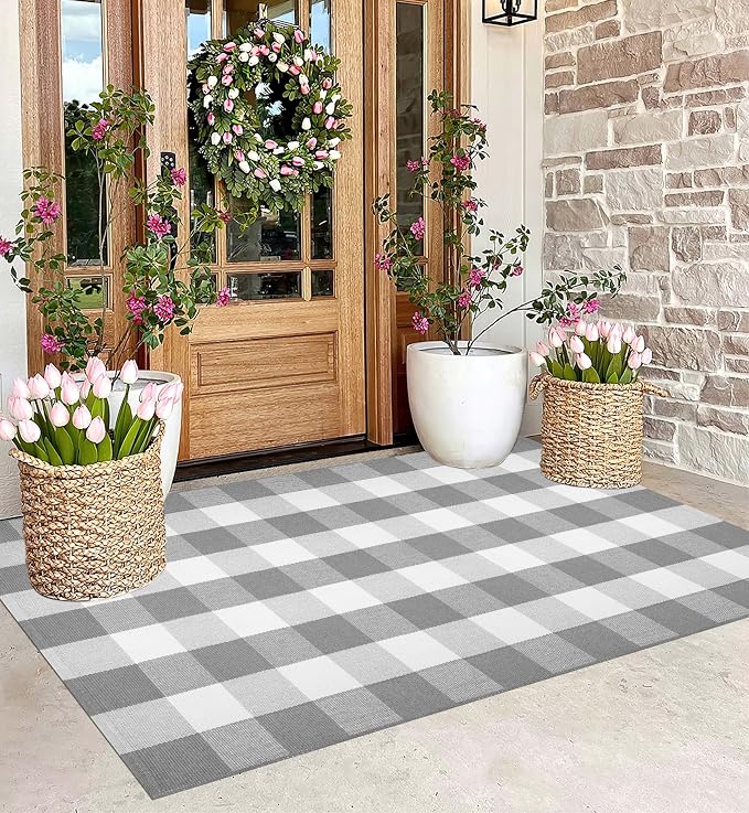Grey and White Outdoor Rug 3'x5'Buffalo Plaid Checkered Front Porch Rug Machine Washable Farmhouse Front Door Mat Outdoor for Front Hello Welcome Mat,Bedroom,Entryway,Patio