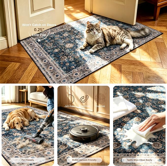 5x7 Washable Rug for Living Room, Non Slip Carpet for Bedroom | Soft faux wool, machine washable & stain resistant. Non-slip rubber backing, low pile. For living room, bedroom, office.Blue.
