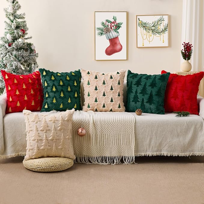 Allorry Christmas Pillow Covers 20x20 Set of 2 Pink Green Double Xmas Tree Pillow Covers Soft Plush Faux Fur Christmas Decorations for Xmas Winter Holiday Home Bedroom Sofa Cushion Cases PT-008F20