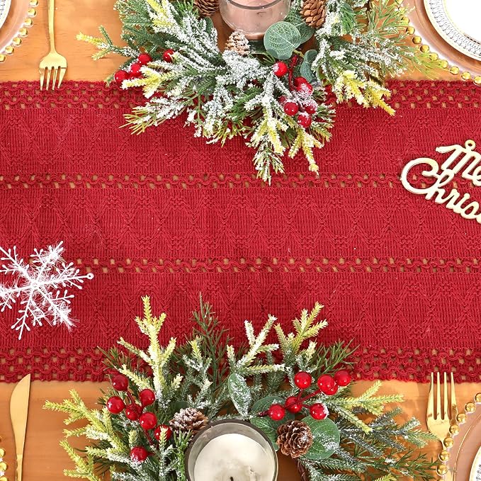 Macrame Table Runner Christmas Red Boho Table Runners with Tassels 12x71in | Alynsehom Hand Woven Cotton Table Runner Rustic Farmhouse Table Runners for Xmas Kitchen Dining Table