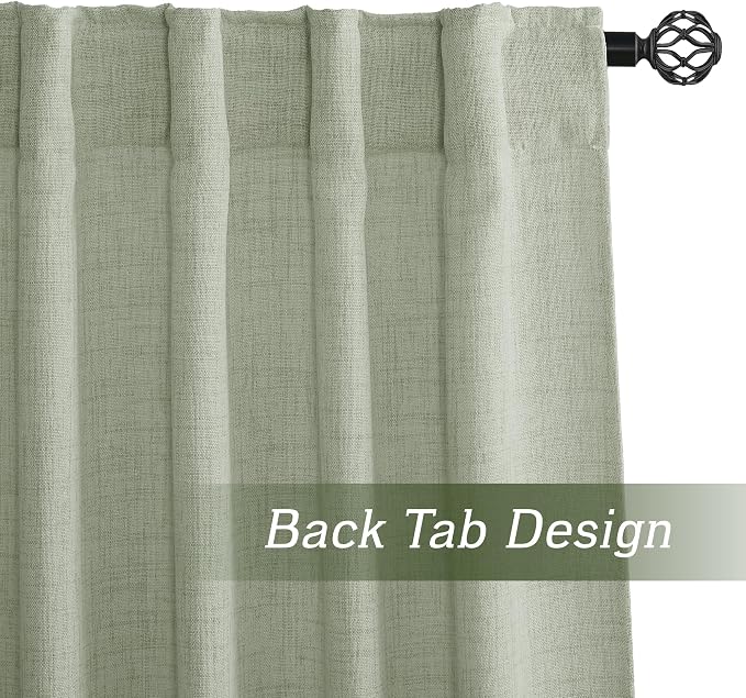 RYB HOME Light Filtering Linen Sheer Curtains 72 inch Long for Farmhouse | Linen Blend Burlap, Semi Transparent, UV Protection, Dorm Laundry Room, Rod Pocket & Back Tab, W52 x L72, Sage, 2 Panels
