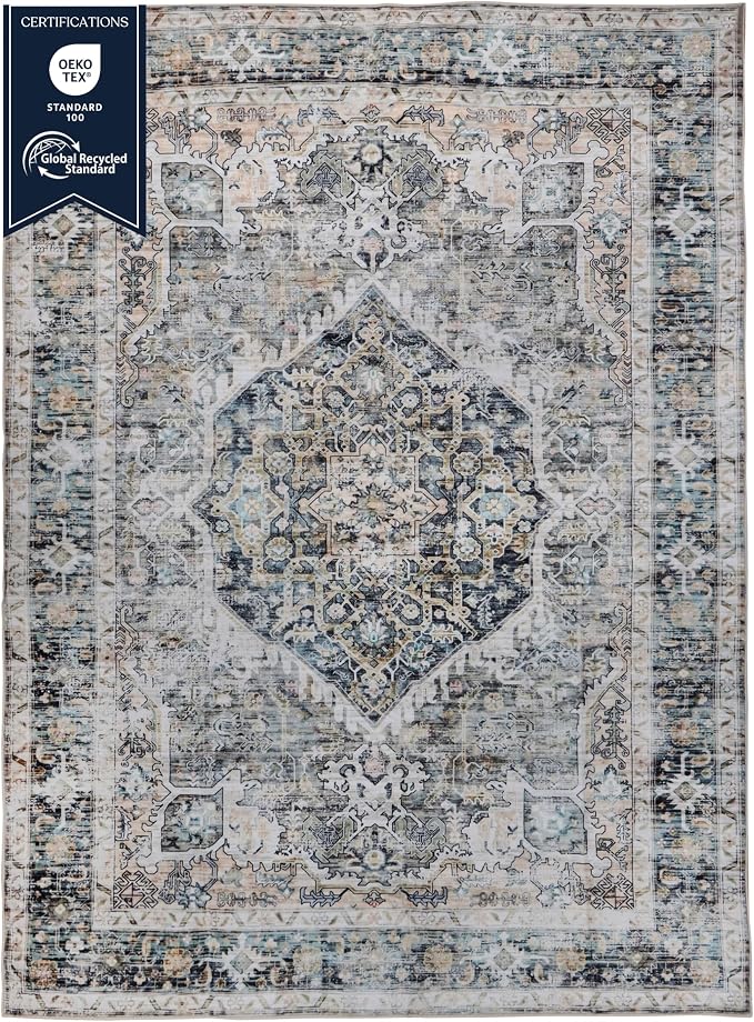 Machine Washable Area Rug, Soft & Durable, Non-Slip, Stain Resistant Rug for Bedroom, Living Room, Dining Room, High Traffic Areas. (Soft Gray Blue, 3' X 5')