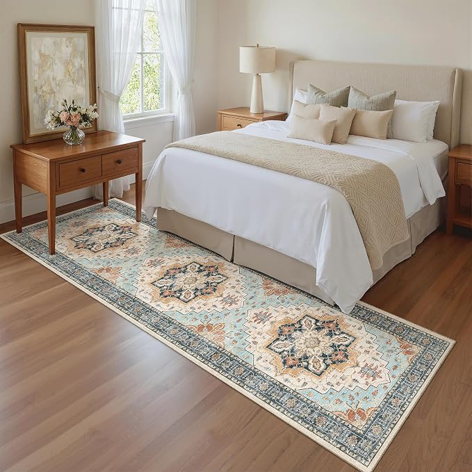 Madane Hallway Runner Rug 2x8 Washable Kitchen Rugs Non-Slip, Orange/Blue | Vintage Machine Washable Low-Pile Floor Carpet 8ft, Soft Ultra-Thin Throw Entry Foyer Mat for Entrance Laundry Living Room