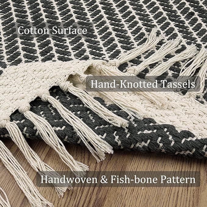 Lahome Boho Bathroom Runner Rug, 2x6 Washable Rugs for Kitchen Hallway | Woven Cotton Laundry Room Throw Carpet with Tassels, Farmhouse Decor Grey Non Shedding Lightweight Mat for Entryway Bath