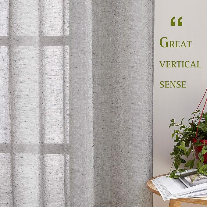 NICETOWN Sheer Curtains Flax Texture for Bedroom, Vintage Grommet Top Linen Textured Semitransparent Privacy Window Treatment Light Filter for Living Room, 52" W x 96" L, Set of 2, Charcoal Grey