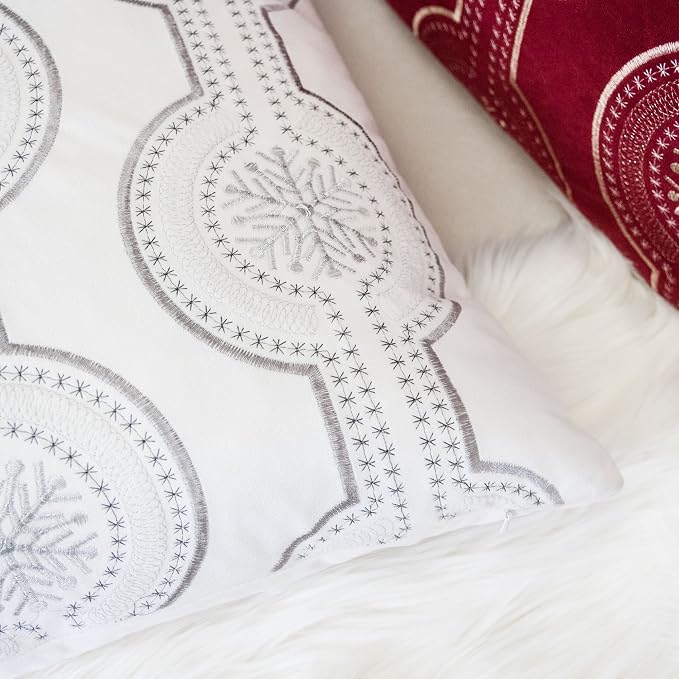 Embroidery White Velvet Throw Pillow Cover, Merry Christmas Series Snowflake Drop Luxury Soft Fuzzy Cozy Warm Slik Gift Square Couch Cushion Pillow Case 20 x 20 Inch, Cover Only