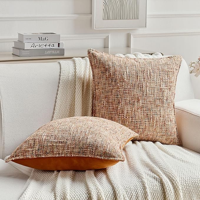 FUTEI Pack of 2 Chenille Tweed Vintage Throw Pillow Covers 22x22 Inch Soft Decorative Cushion Case Modern Farmhouse Accent for Couch Bed Living Room, Rust